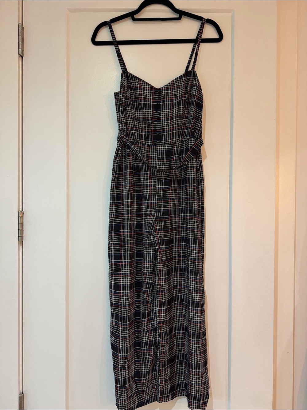 Black Plaid Spaghetti Strap Jumpsuit with Red & White Grid